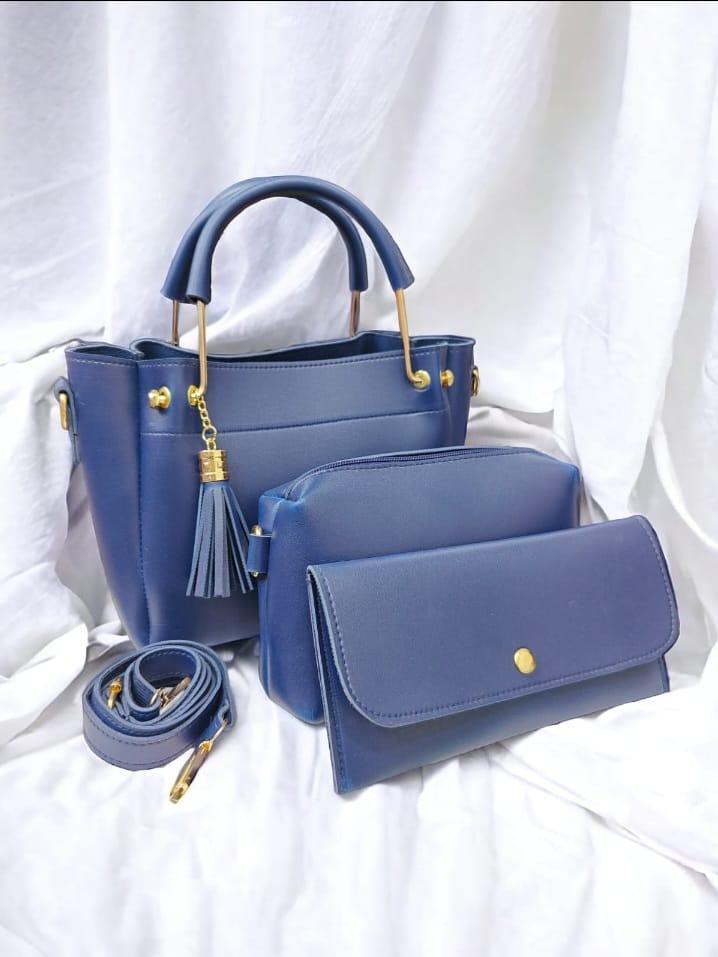 Chic Women's Blue PU Leather Hand Bag Set - 3 Piece Stylish Accessory