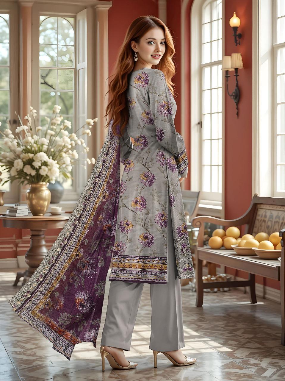 3 Pcs Women's Unstitched Printed Embroidered Suit