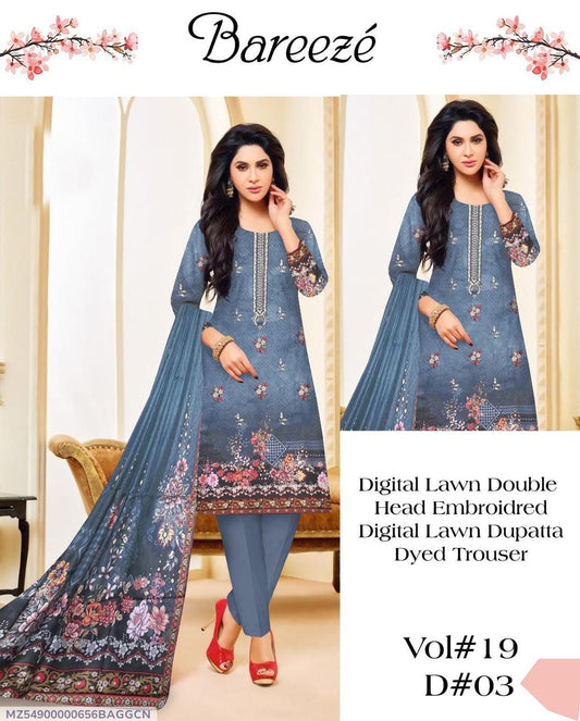 3 Pcs Women's Unstitched Embroidered Suit