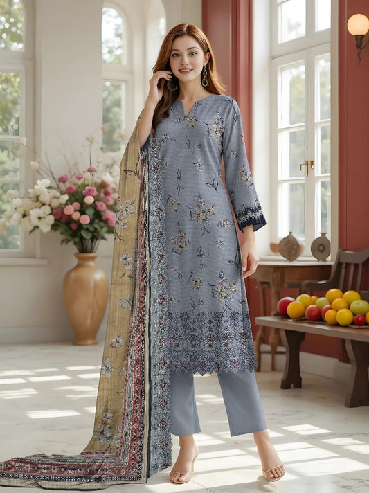3 Pcs Women's Unstitched Printed Embroidered Suit