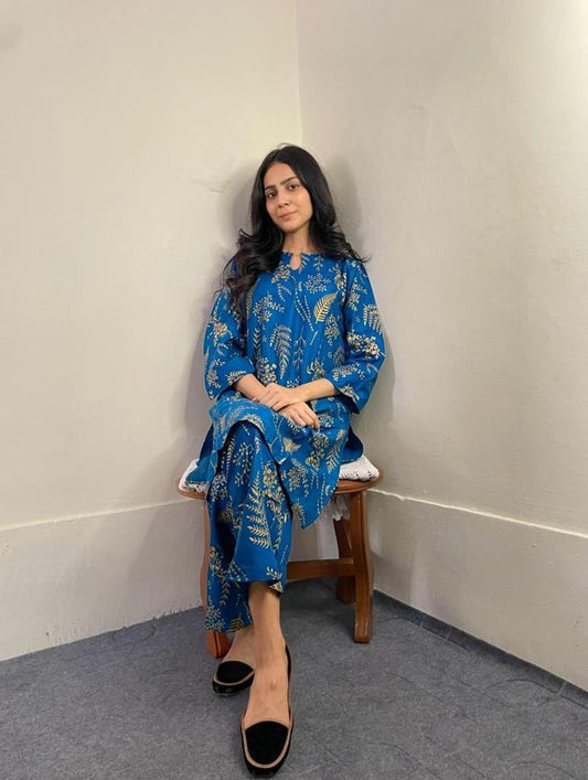 2 Pcs Women's Stitched Linen Plain Suit