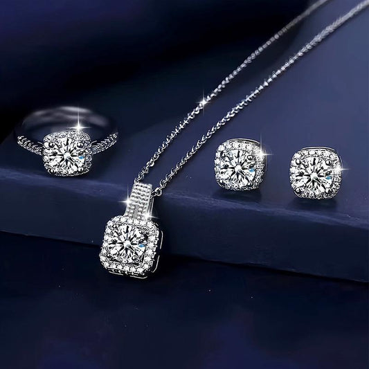 3 Pcs Silver Plated Square Design Crystal Jewelry Set for Women
