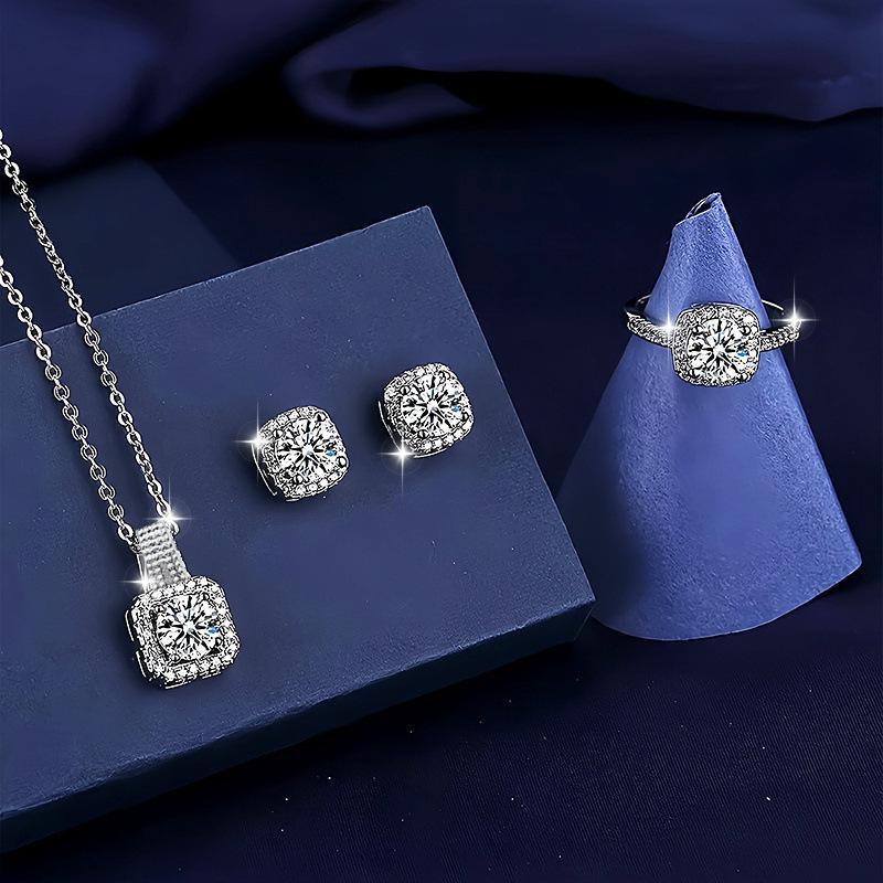 3 Pcs Silver Plated Square Design Crystal Jewelry Set for Women