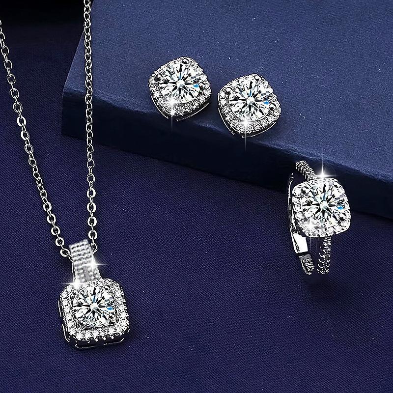 3 Pcs Silver Plated Square Design Crystal Jewelry Set for Women