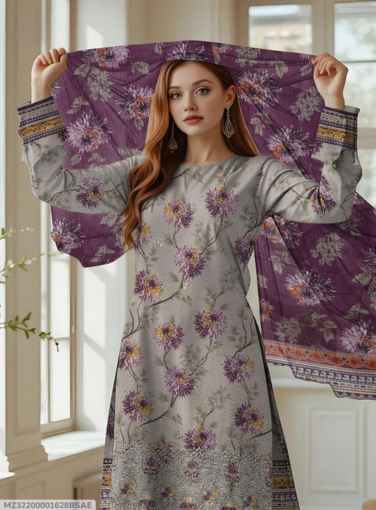 3 Pcs Women's Unstitched Printed Embroidered Suit