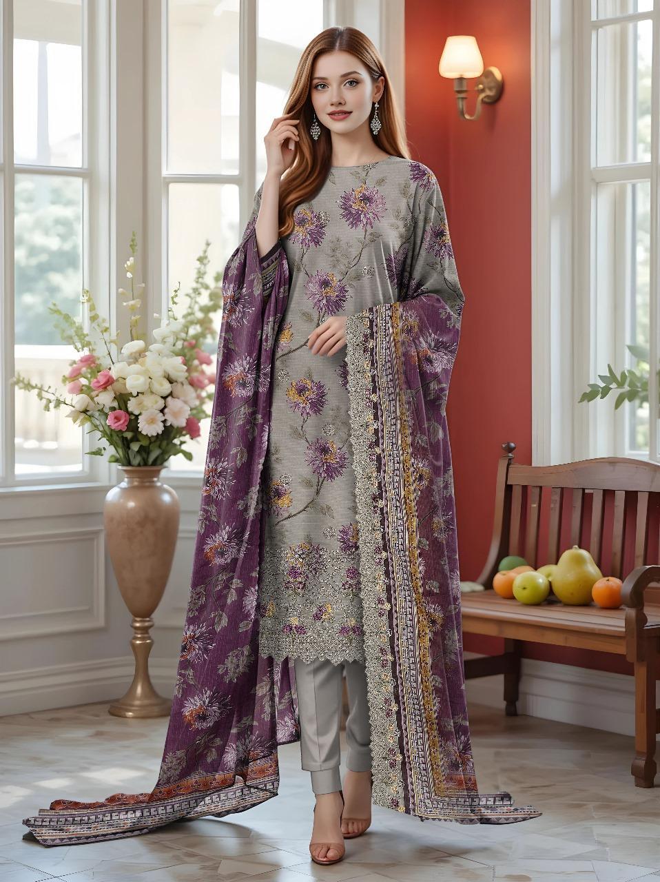 3 Pcs Women's Unstitched Printed Embroidered Suit