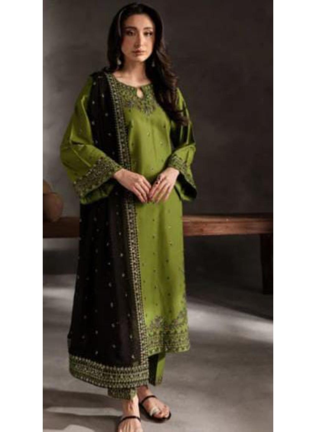 Women's Stitched Embroidered Linen Suit - 3 Pcs in Green