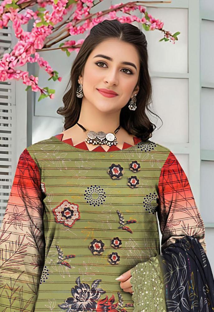 3 Pcs Women's Unstitched Lawn Embroidered Suit