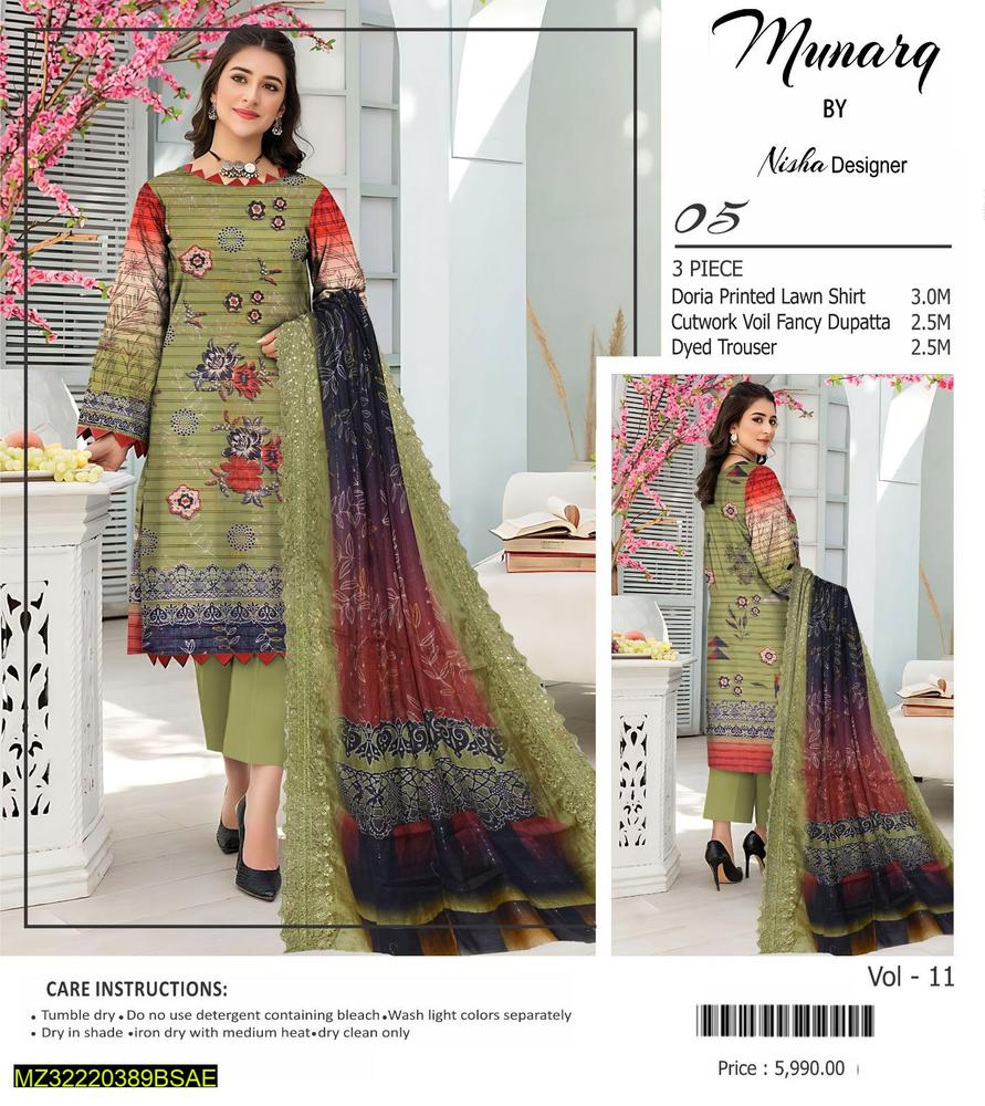 3 Pcs Women's Unstitched Lawn Embroidered Suit