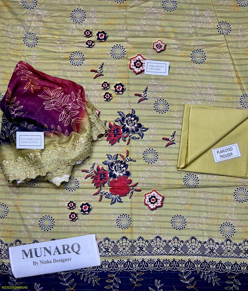 3 Pcs Women's Unstitched Lawn Embroidered Suit